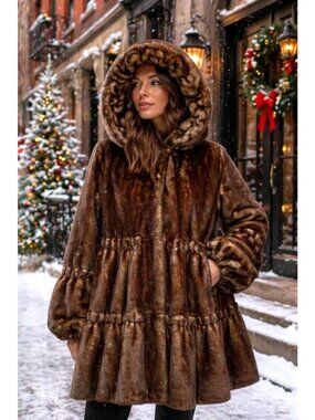 Jones New York Faux Fur Brown Tiered Babydoll Swing Coat Hood Winter Size M